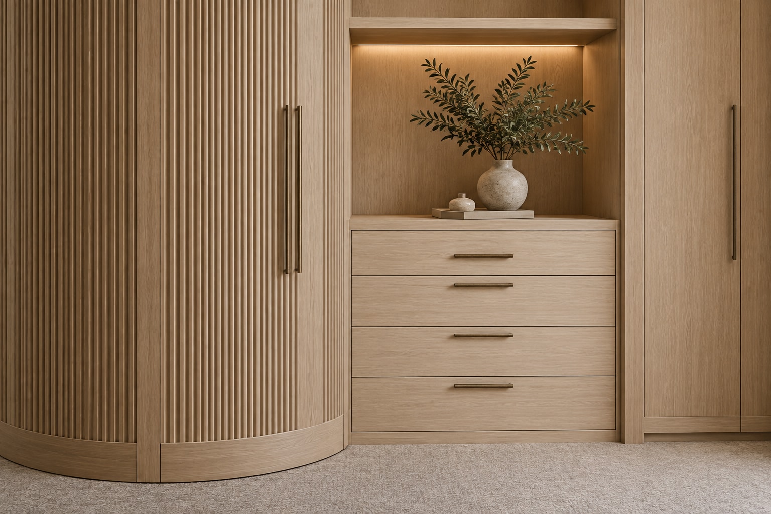Detail of the illuminated oak drawer bay and curved fluted wardrobe