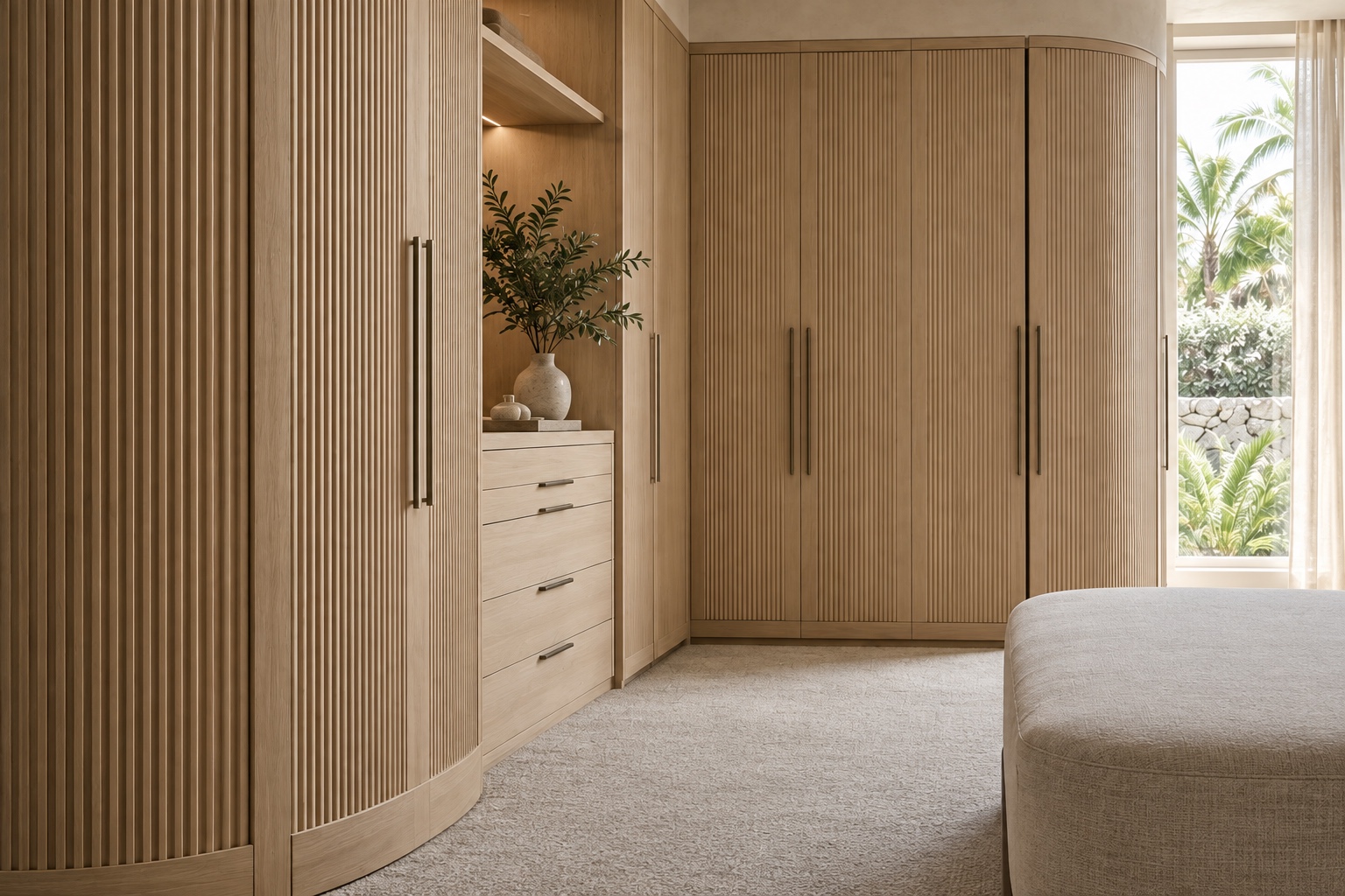 Detail of fluted oak wardrobe doors, drawers and bronze handles