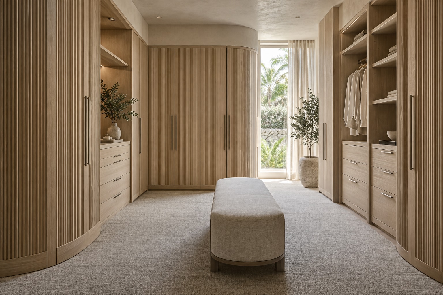 Pale oak walk-in wardrobe with curved fluted cabinetry