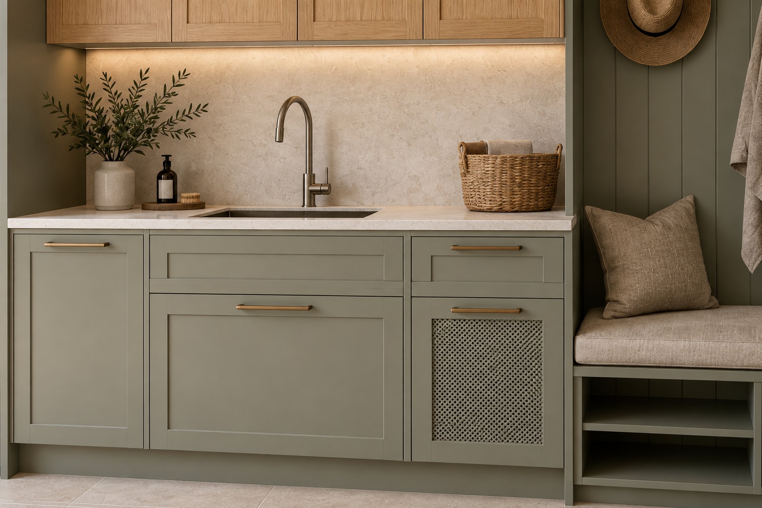 Detail of the utility sink cabinetry and garden-entry bench