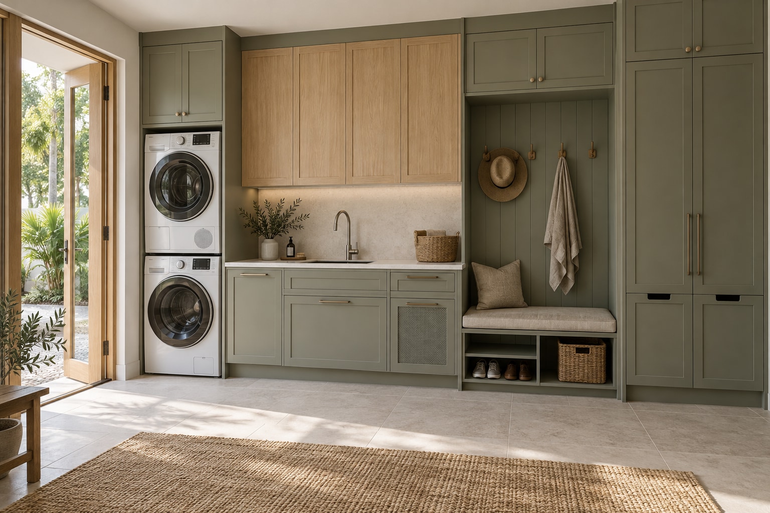 Sage-grey and oak laundry joinery with a garden entry bench