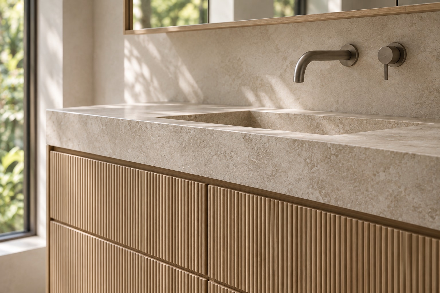Detail of the limestone basin, bronze tapware and reeded oak drawers