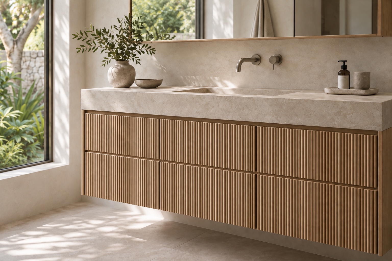 Detail of the integrated limestone basin and reeded oak drawers