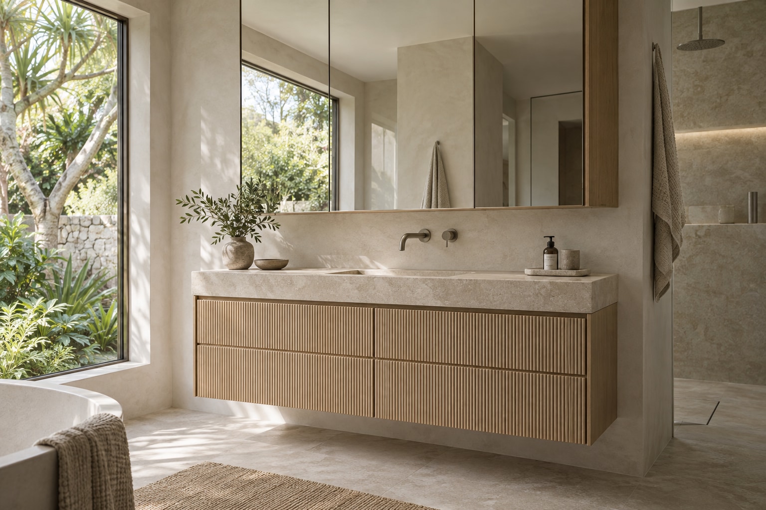 Floating reeded oak bathroom vanity beside a garden window