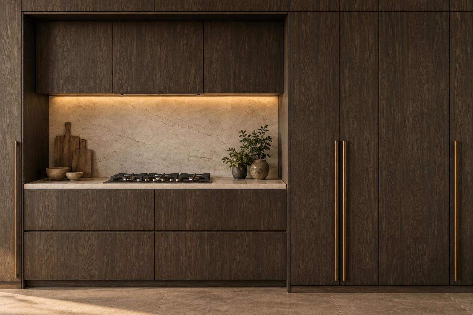 Detail of the limestone cooking zone and smoked eucalyptus cabinetry