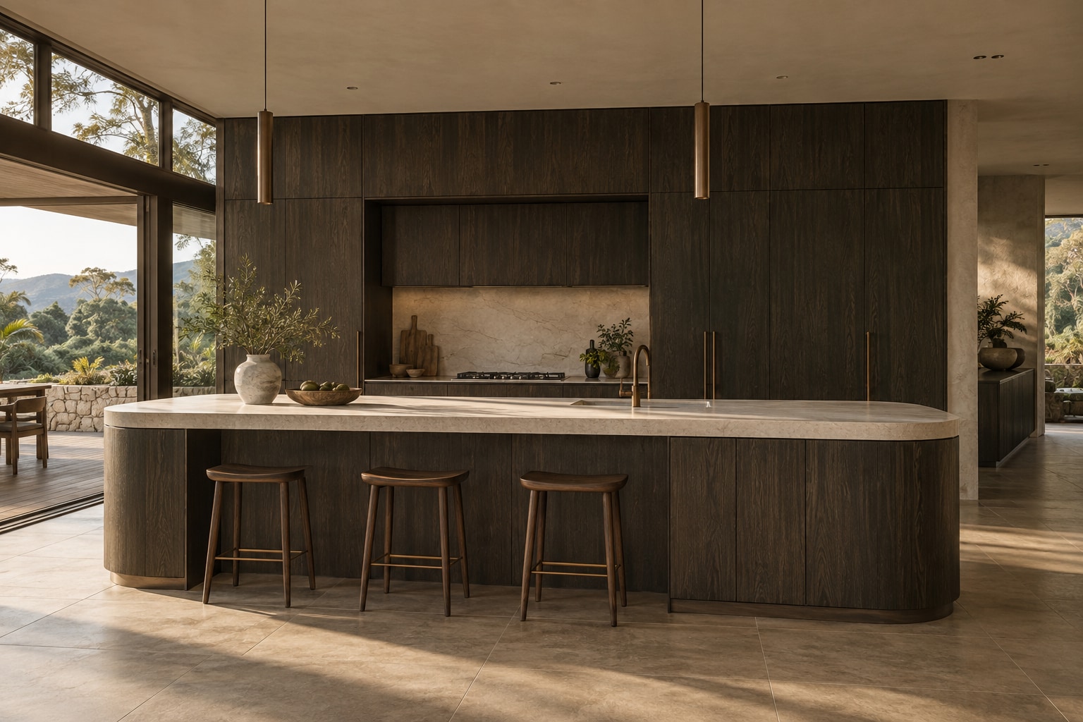 Dark timber kitchen with a pale rounded stone island
