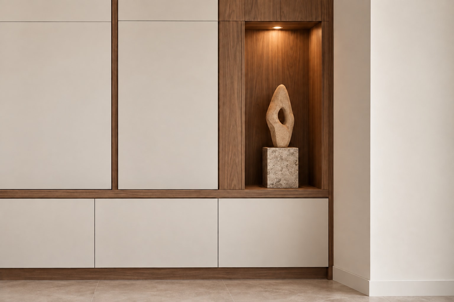 Detail of the illuminated walnut display niche and concealed ivory storage