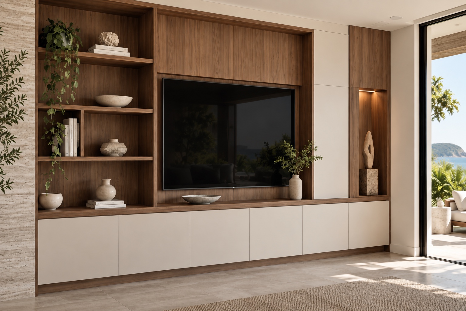 Detail of walnut shelving, ivory storage and illuminated display niches