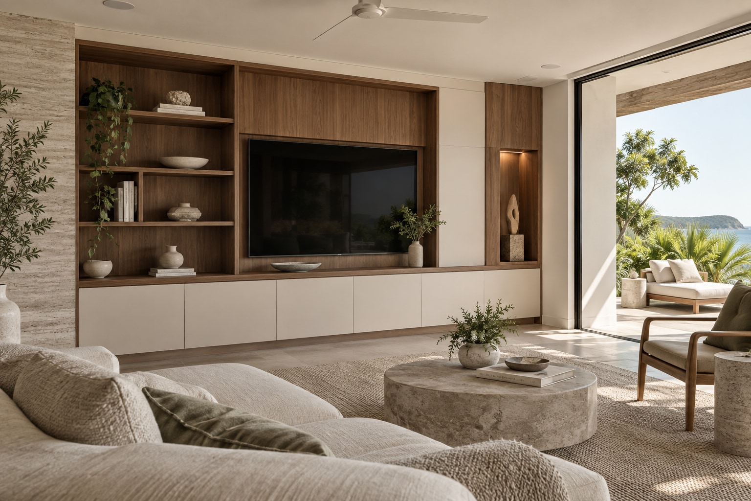 Walnut and ivory living-room joinery in a coastal home