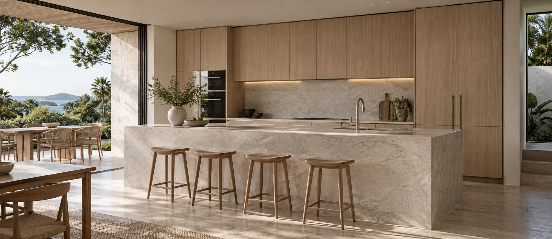 Pale oak kitchen with a limestone island in a Noosa home