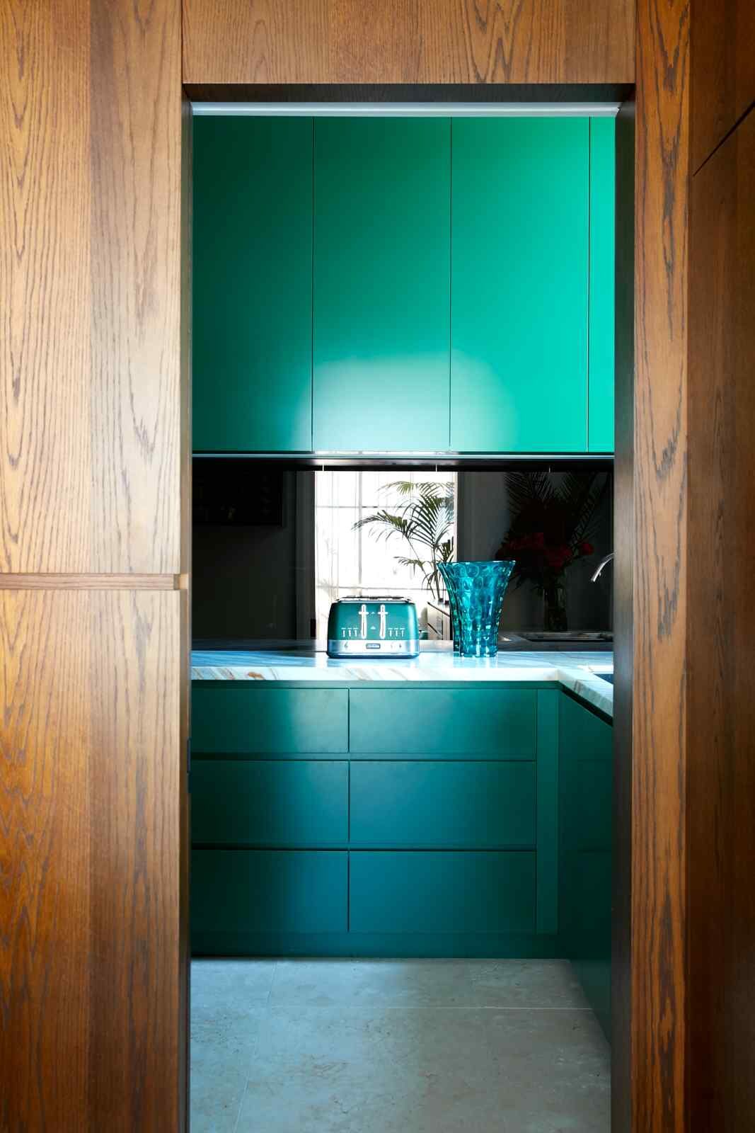 Forest-green Randwick kitchen with dark timber panelling — view 3