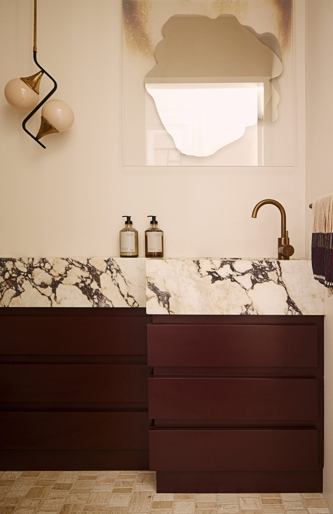 Burgundy vanity and custom wardrobe joinery — view 1