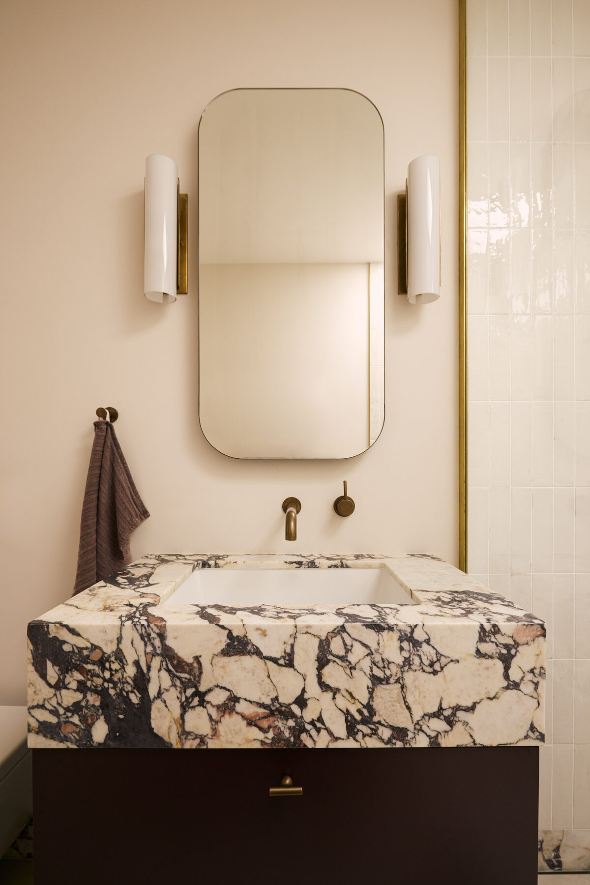 Burgundy vanity and custom wardrobe joinery — view 2