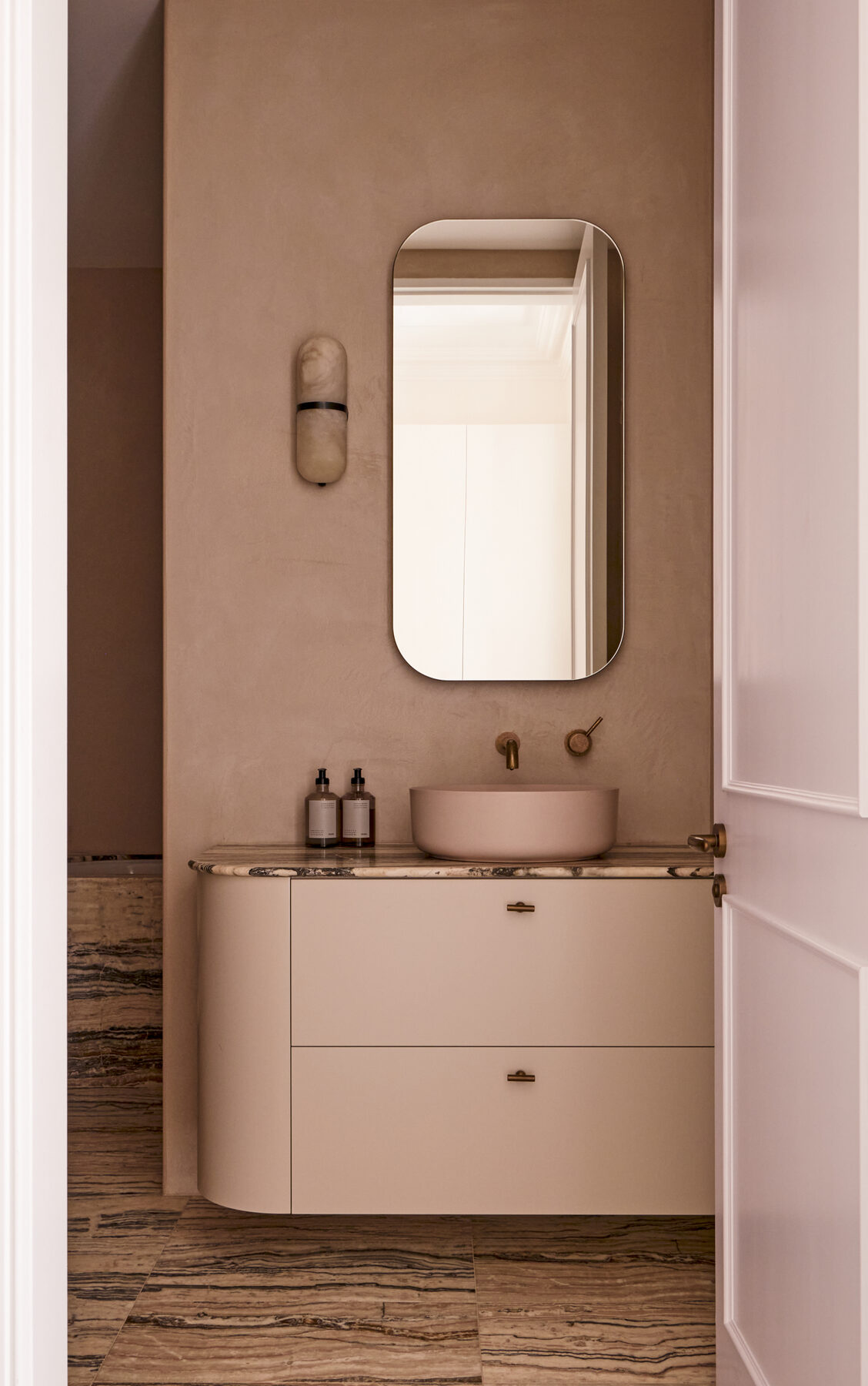 Burgundy vanity and custom wardrobe joinery — view 5